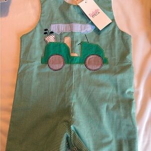 Green Gingham Overalls with Golf Cart  Design boutique